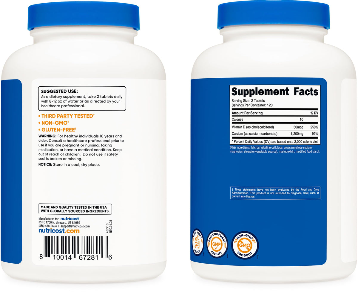 Nutricost Calcium with Vitamin D | 1200 ملغ كالسيوم، 50 ميكروجرام فيتامين د لكل جرعة | 240 قرص | خالٍ من الجلوتين وغير معدل وراثيًا