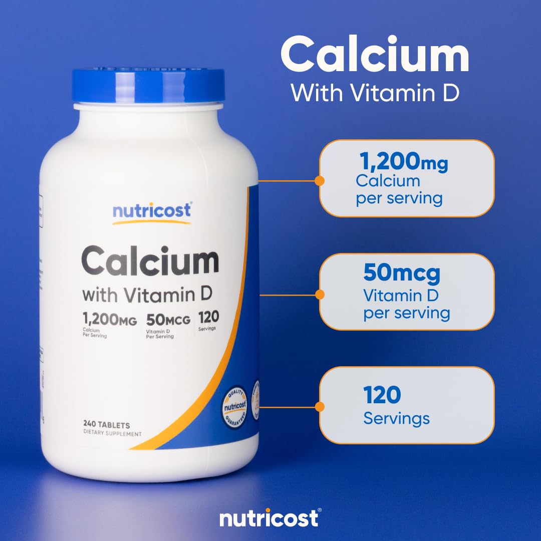 Nutricost Calcium with Vitamin D | 1200 ملغ كالسيوم، 50 ميكروجرام فيتامين د لكل جرعة | 240 قرص | خالٍ من الجلوتين وغير معدل وراثيًا