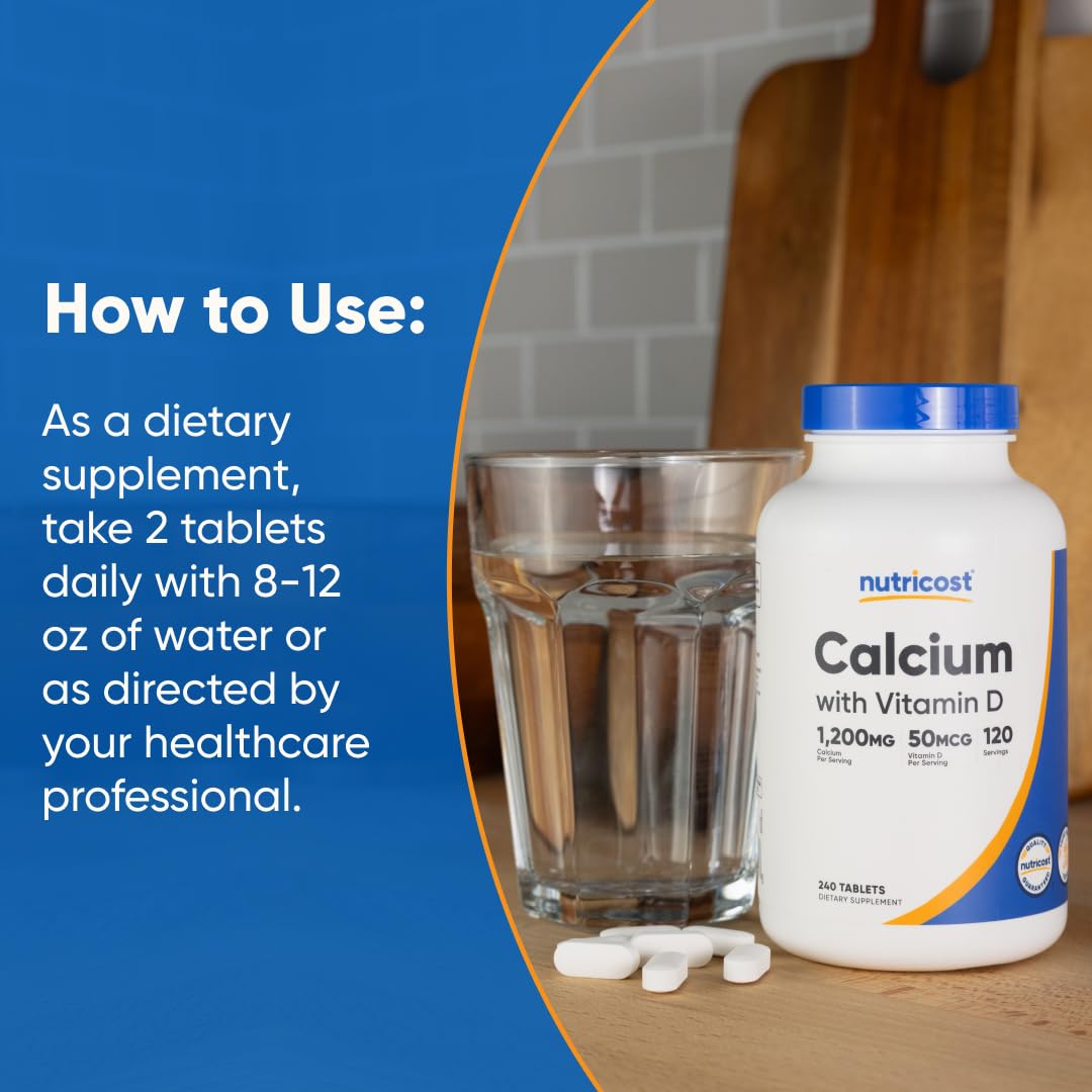 Nutricost Calcium with Vitamin D | 1200 ملغ كالسيوم، 50 ميكروجرام فيتامين د لكل جرعة | 240 قرص | خالٍ من الجلوتين وغير معدل وراثيًا