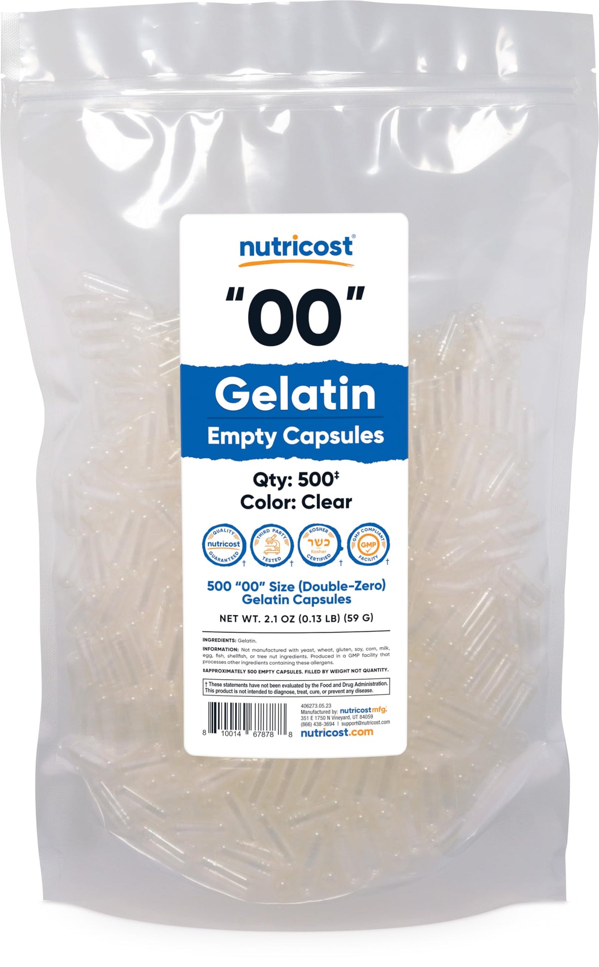 كبسولات Nutricost فارغة مقاس 00 - 500 كبسولة | كوشير، غير معدلة وراثيًا، خالية من الصويا، خالية من الغلوتين