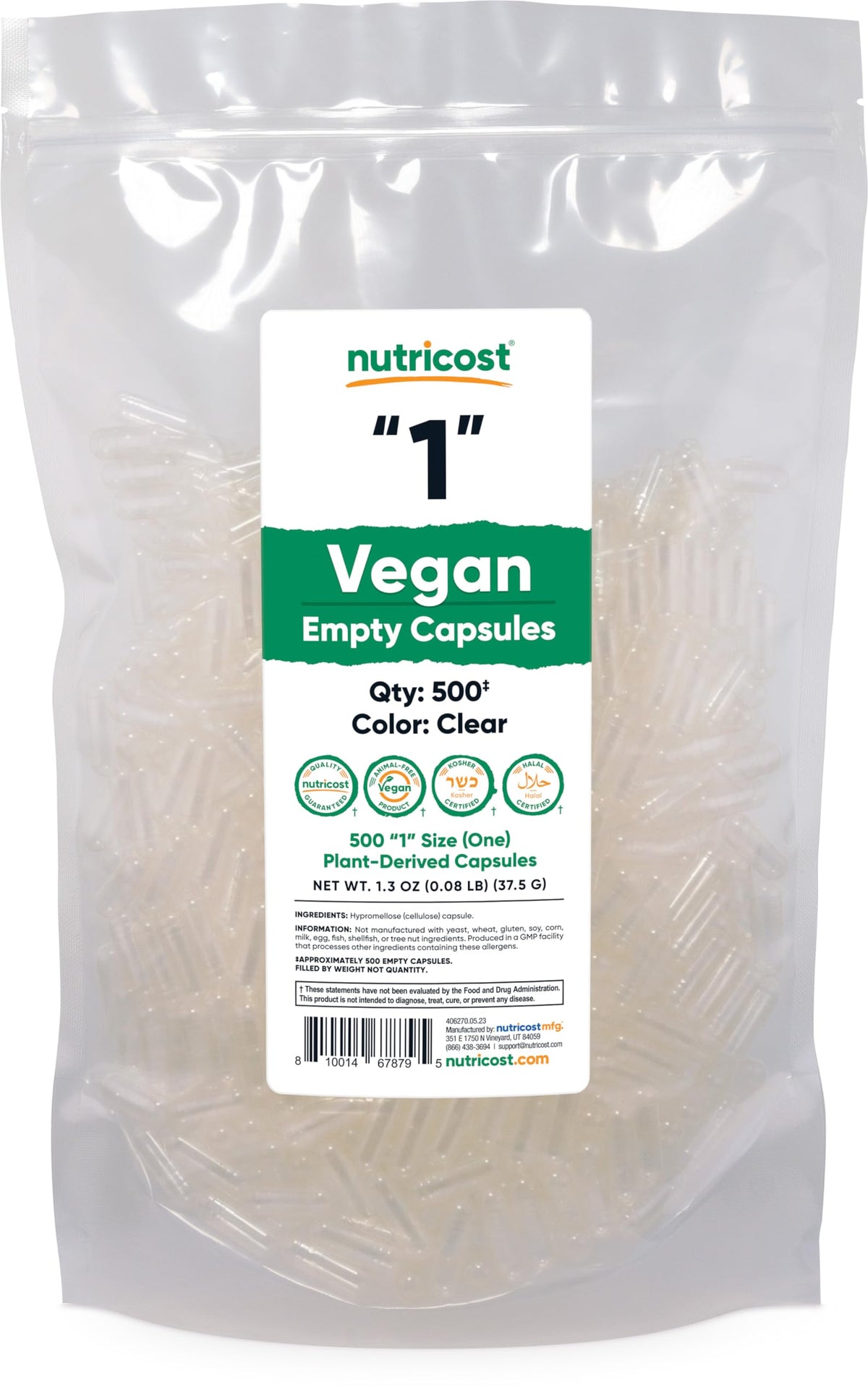 Nutricost كبسولات فارغة نباتية مقاس 1 – 500 كبسولة شفافة نباتية، معتمدة كوشر وحلال