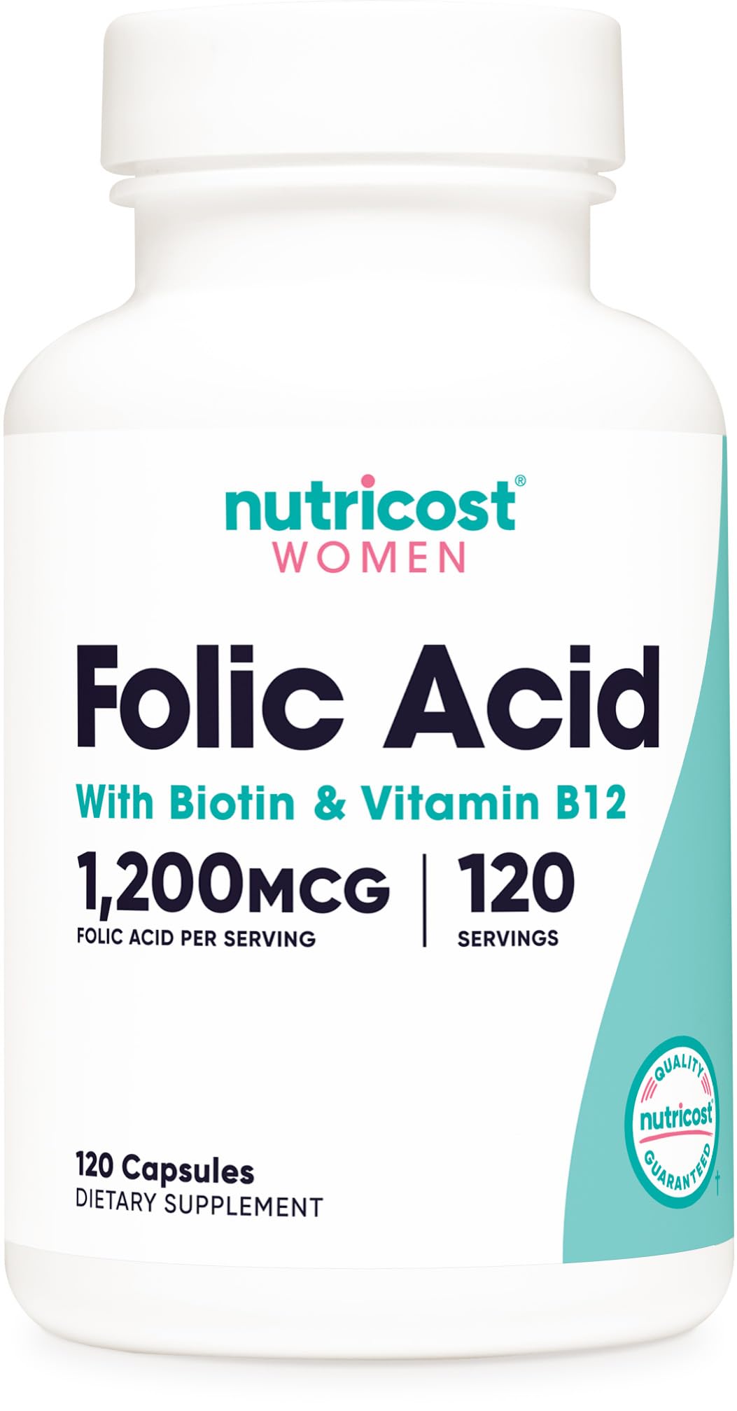 Nutricost حمض الفوليك للنساء 1200 مكجم - 120 كبسولة نباتية، B12 والبيوتين | غير معدل وراثيًا، خالي من الجلوتين