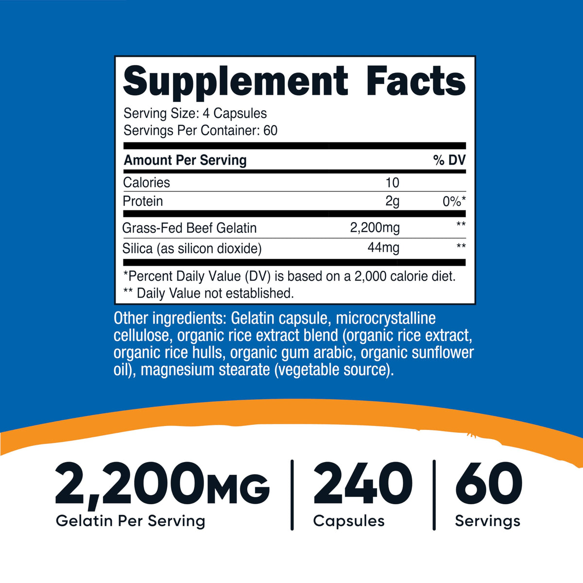 Nutricost Gelatin with Silica (2,200mg) – جيلاتين لحم بقري يتغذى على العشب، خالٍ من الغلوتين، 60 حصة