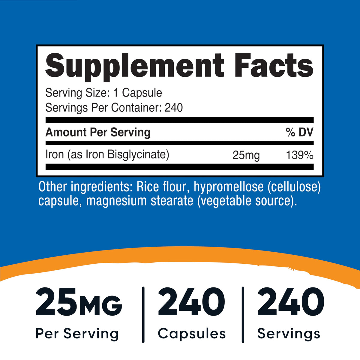 Nutricost الحديد بيسجلايسينات 25 ملجم - 240 كبسولة | بيسجلايسينات الحديدوز مخلب، غير معدل وراثيًا، خالٍ من الغلوتين