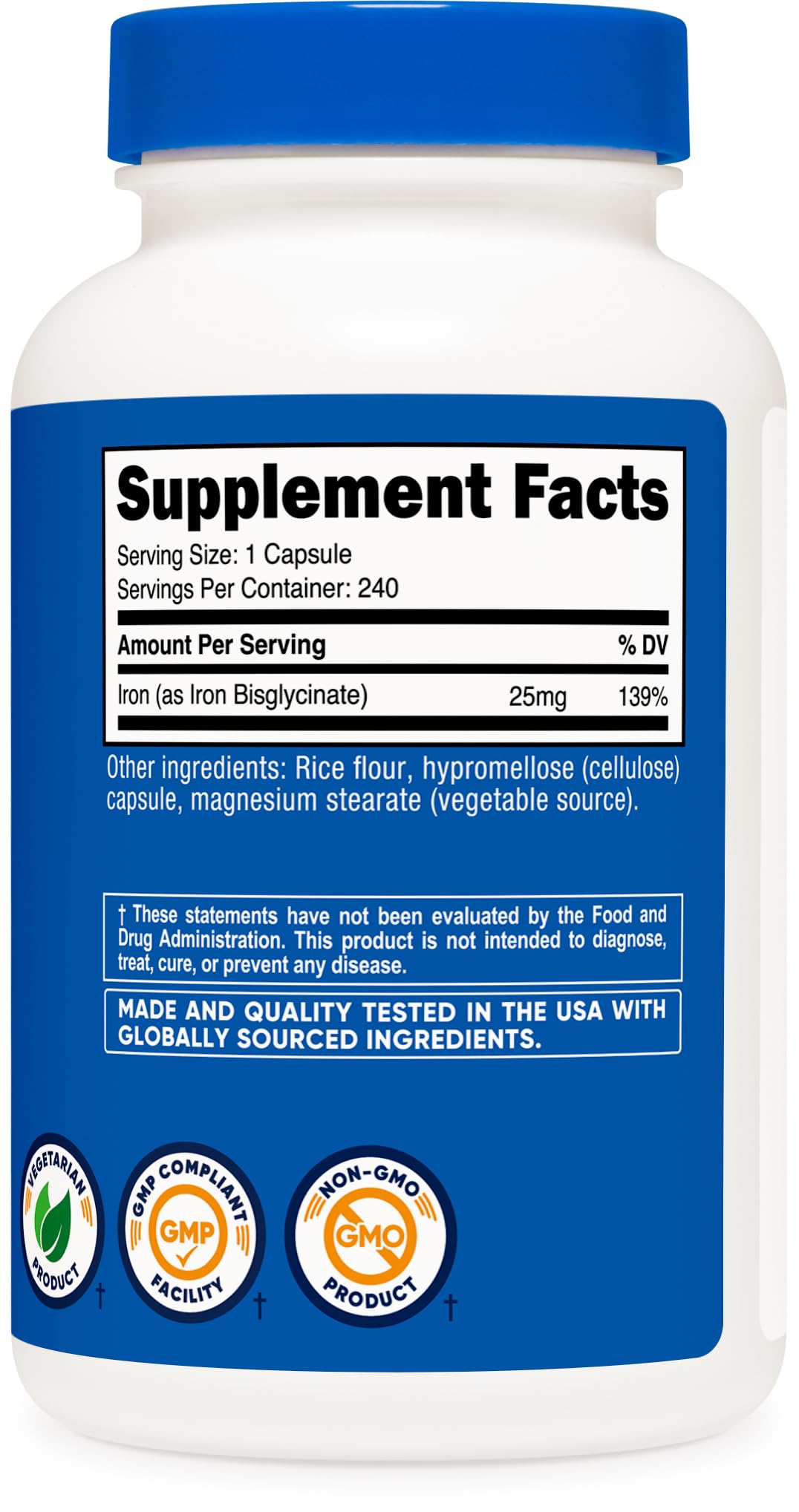 Nutricost Iron Bisglycinate 25mg - 240 Capsules | Ferrous Bisglycinate Chelate, Non-GMO, Gluten-Free
