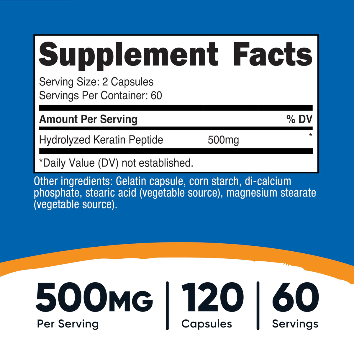 كبسولات Nutricost لبروتين الكيراتين المتحلل - 500 ملغ، 120 كبسولة (60 جرعة) - غير معدل وراثيًا، خالٍ من الغلوتين