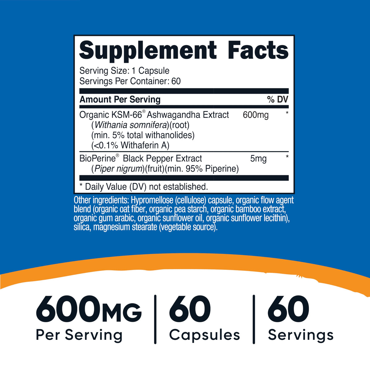 Nutricost KSM-66 اشواغاندا 600 ملغ - 60 كبسولة نباتية | بيوبيرين