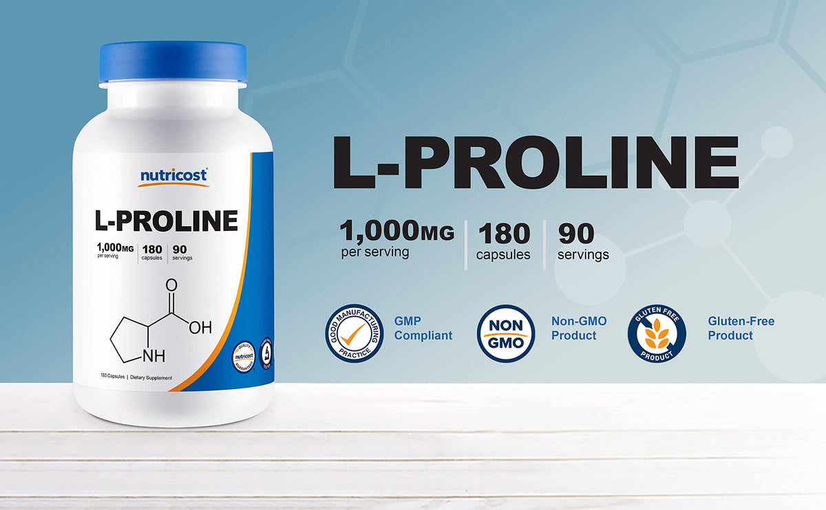 Nutricost L-Proline 1000mg - 180 كبسولة (90 جرعة) - خالٍ من الكائنات المعدلة وراثيًا، خالٍ من الغلوتين