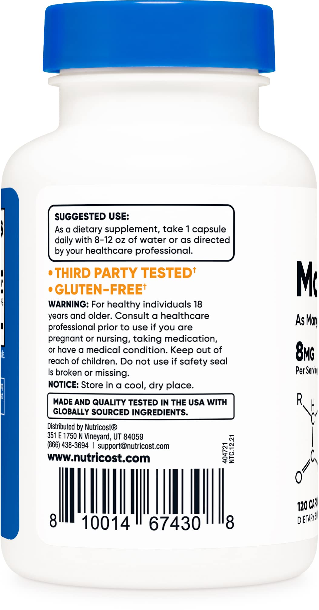 Nutricost Manganese Chelate 8mg - 120 كبسولة | خالٍ من الغلوتين، غير معدّل وراثيًا