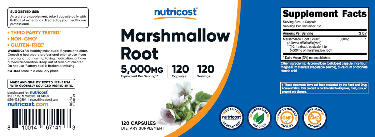 Nutricost جذور الخطمي 5000 ملجم مكافئ - 120 كبسولة نباتية (مستخلص 10:1)