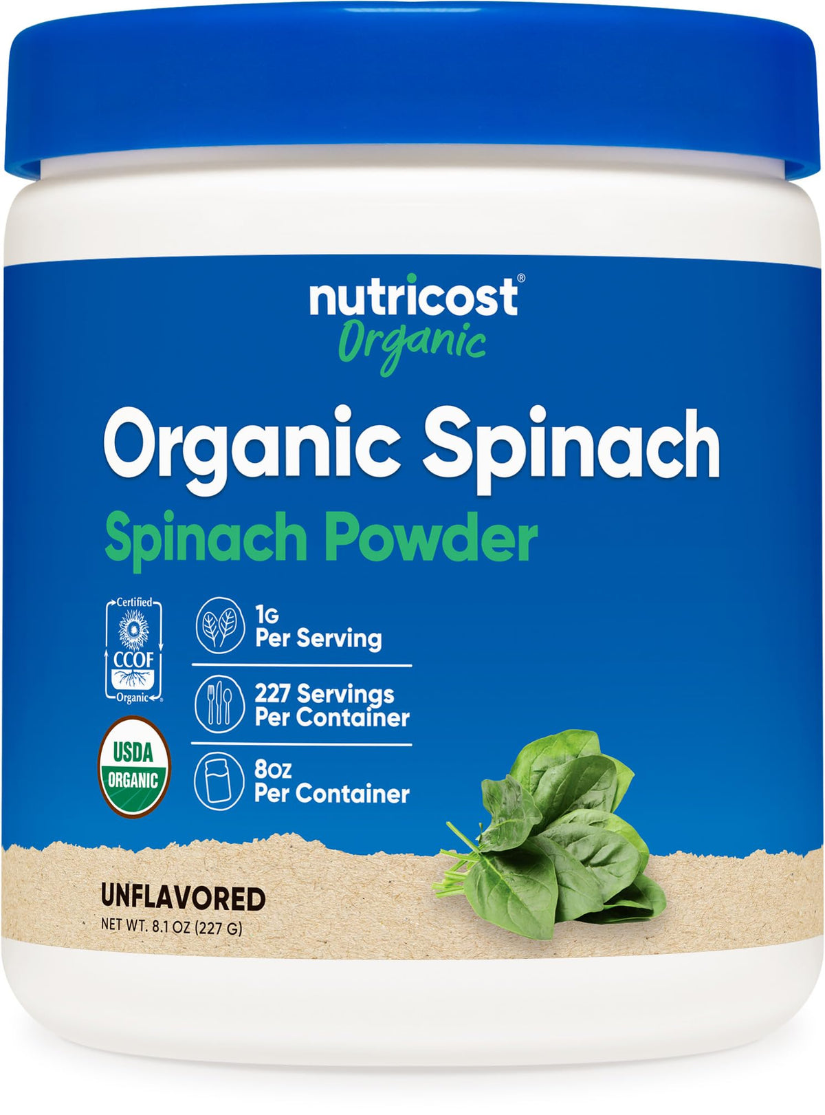 مسحوق السبانخ العضوي من Nutricost 8 أونصة – عضوي معتمد من وزارة الزراعة الأمريكية، غير معدّل وراثيًا، 56 حصة