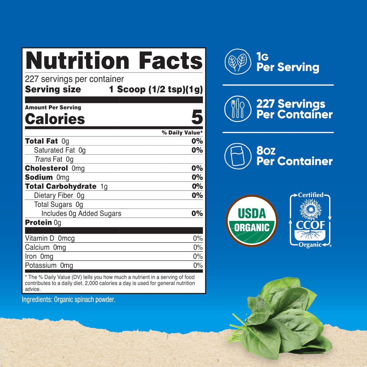 مسحوق السبانخ العضوي من Nutricost 8 أونصة – عضوي معتمد من وزارة الزراعة الأمريكية، غير معدّل وراثيًا، 56 حصة