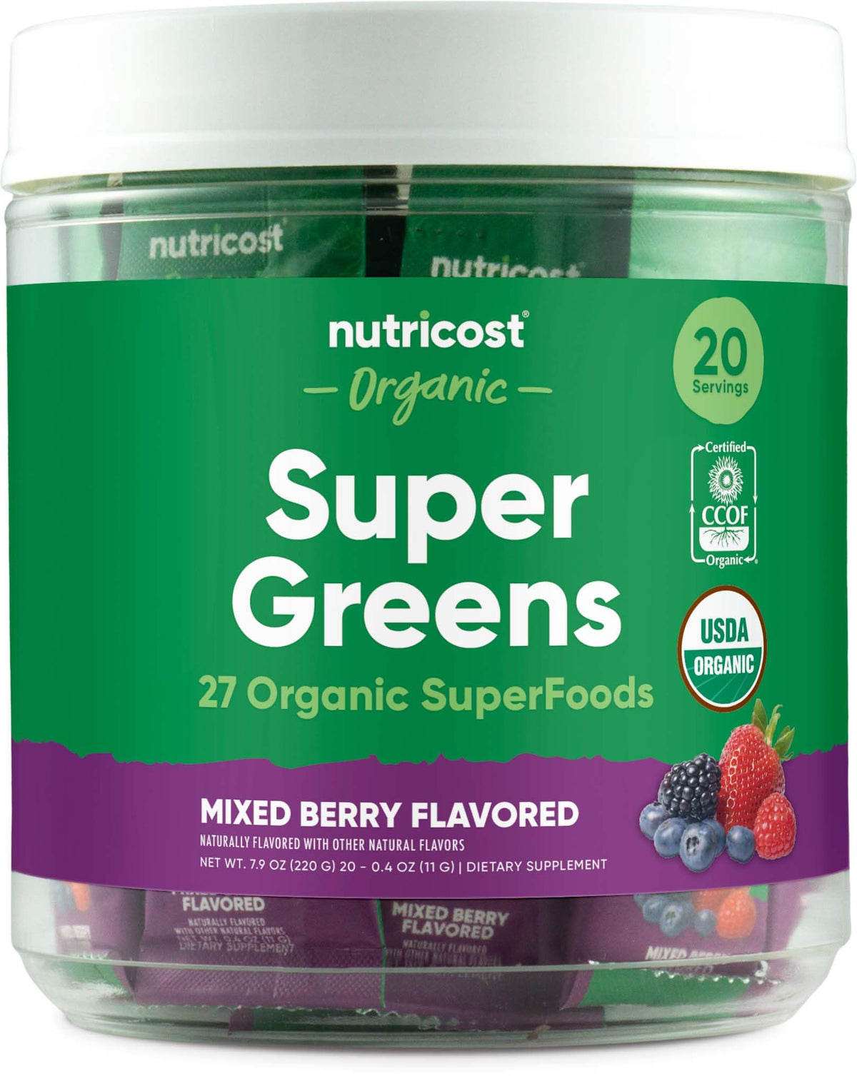 Nutricost Organic Super Greens (توت مشكل) - 20 كيس، خالي من الغلوتين والمواد المعدلة وراثياً