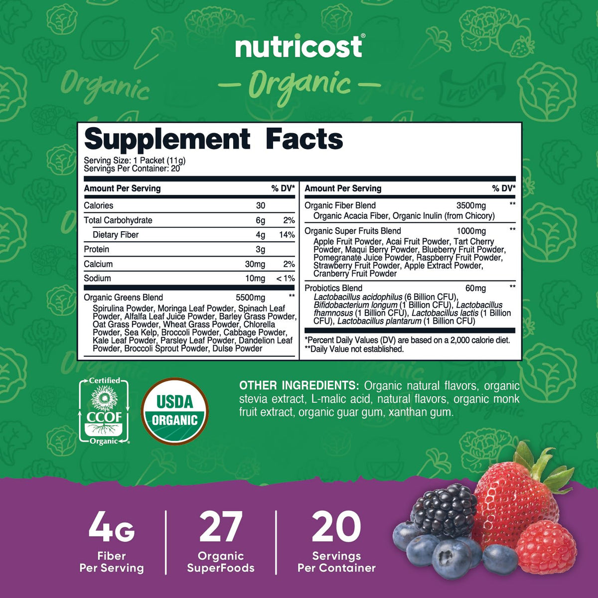 Nutricost Organic Super Greens (توت مشكل) - 20 كيس، خالي من الغلوتين والمواد المعدلة وراثياً