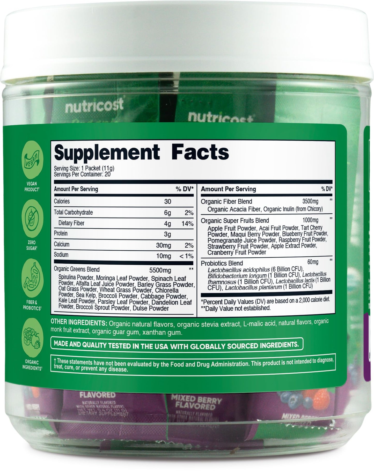 Nutricost Organic Super Greens (Mixed Berry) - 20 Stickpacks, Gluten-Free & GMO-Free
