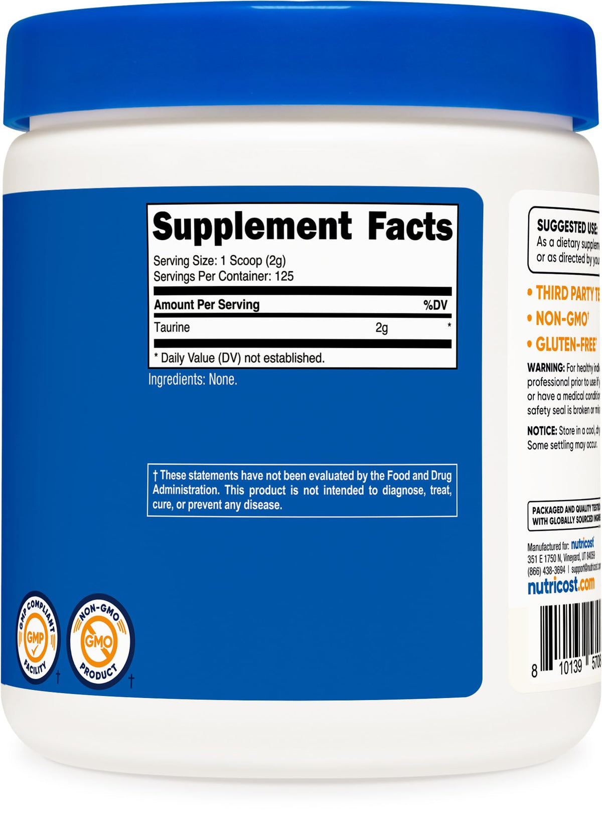 Nutricost مسحوق التورين 250 جرام - 125 حصة، 2000 ملجم لكل حصة