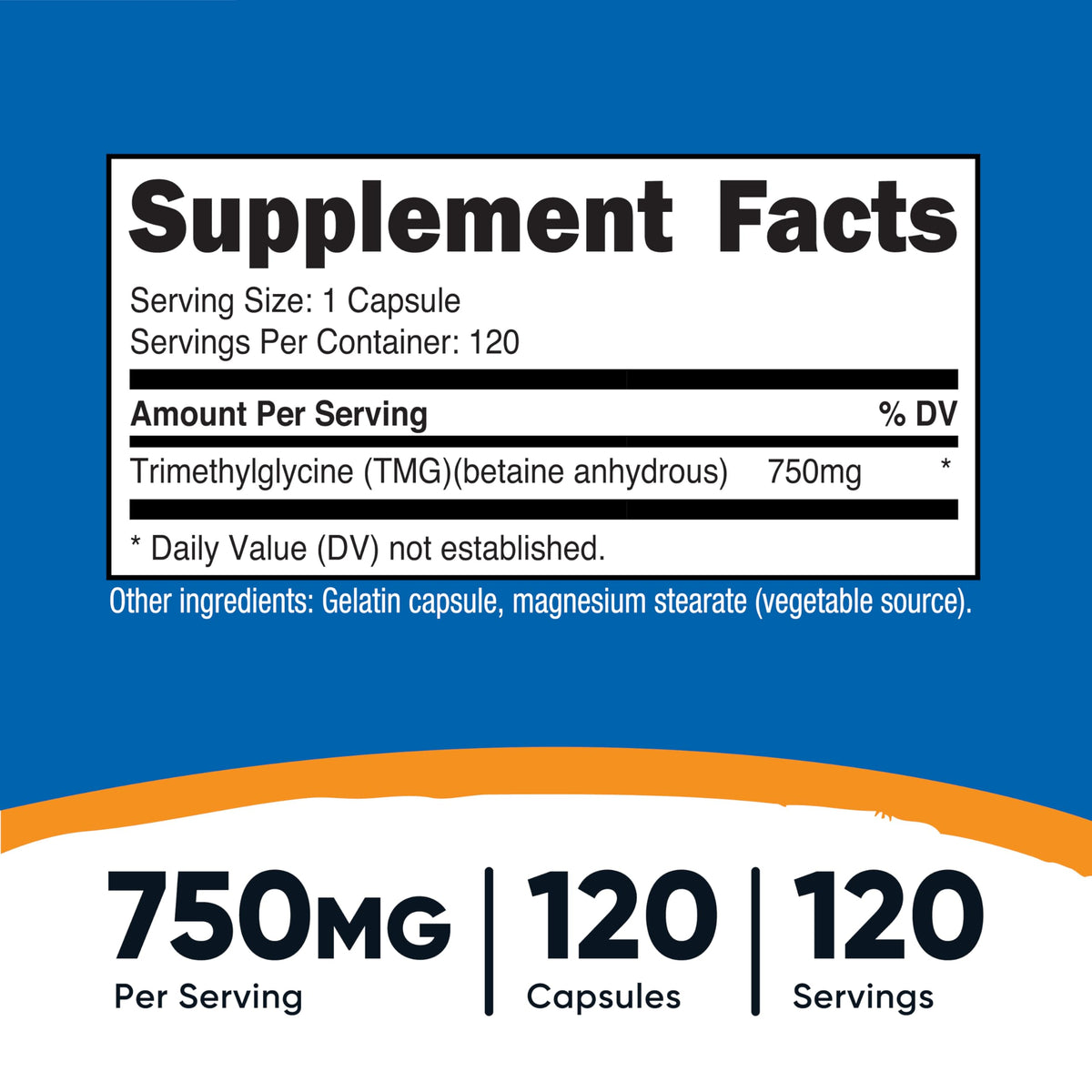 Nutricost TMG (ثلاثي ميثيل جلايسين) 750 ملغ - 120 كبسولة | غير معدل وراثيًا، خالٍ من الجلوتين
