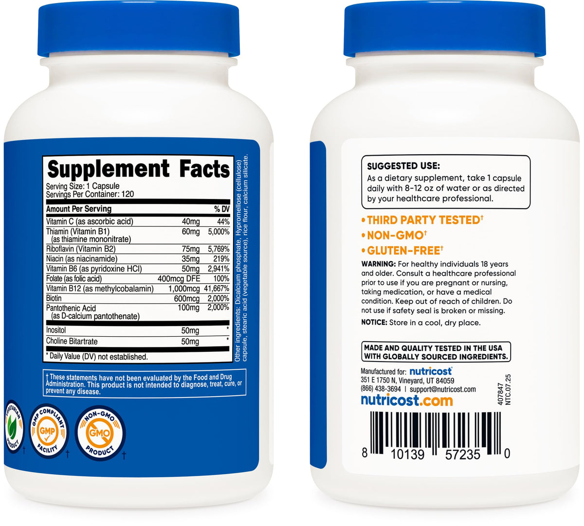 Nutricost High Potency Vitamin B Complex 462mg | 120 Veggie Capsules + Vitamin C