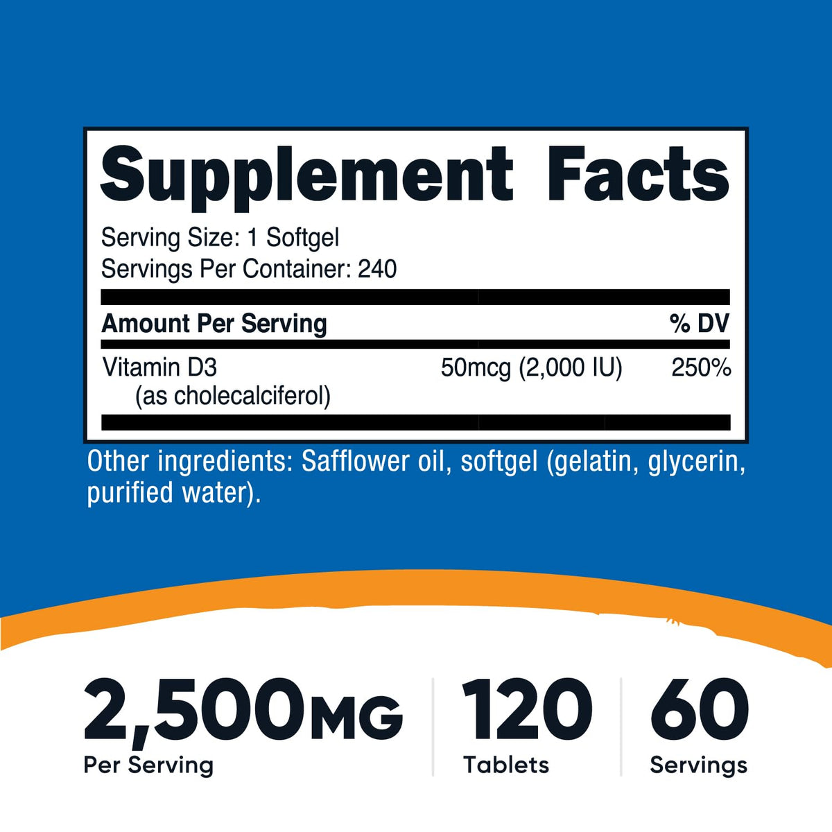 كبسولات Nutricost Vitamin D3 2000 IU الهلامية – 240 كبسولة هلامية – غير معدلة وراثيًا وخالية من الجلوتين