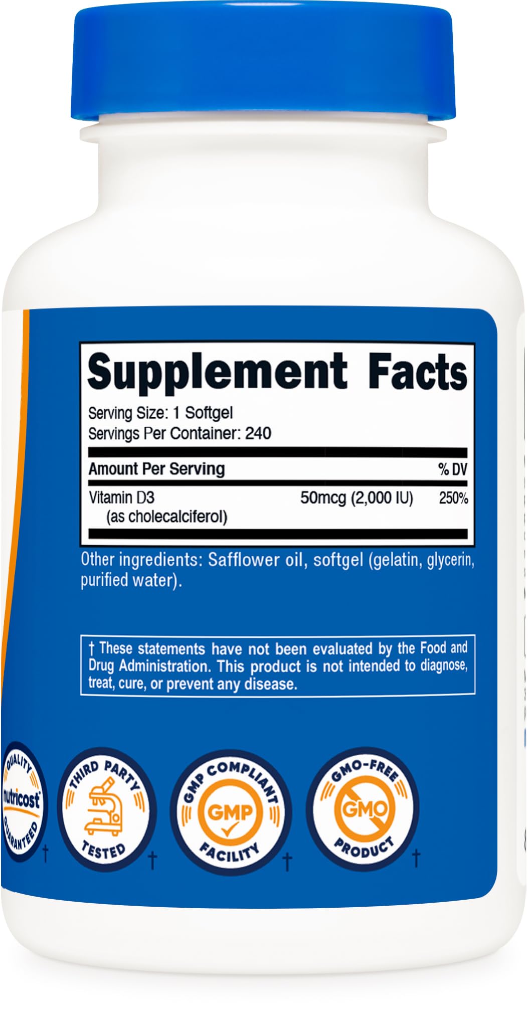كبسولات Nutricost Vitamin D3 2000 IU الهلامية – 240 كبسولة هلامية – غير معدلة وراثيًا وخالية من الجلوتين