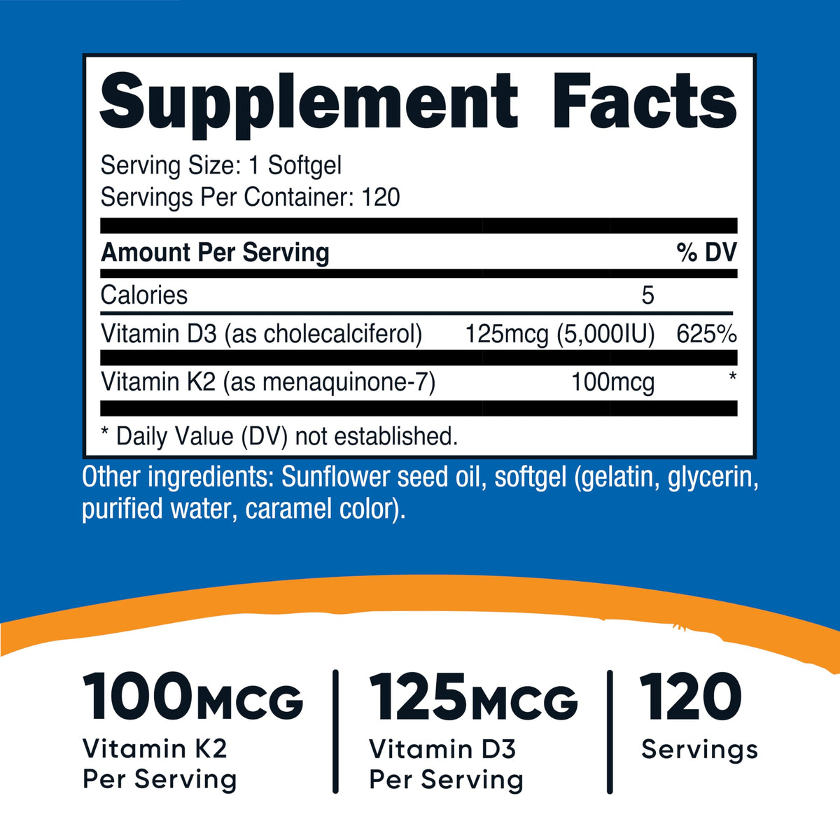 Nutricost فيتامين K2 MK7 100 ميكروجرام + فيتامين D3 5000 وحدة دولية | 120 كبسولة هلامية | خالٍ من الجلوتين، غير معدّل وراثيًا