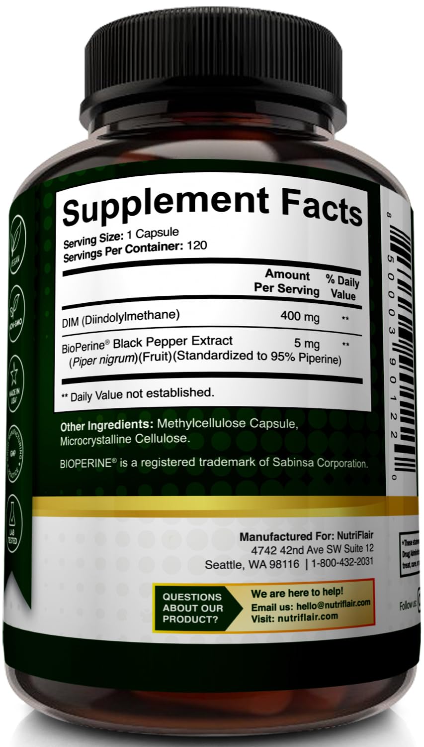 NutriFlair DIM 400mg with Bioperine β 120 Capsules | Hormone Balance & Estrogen Metabolism Support