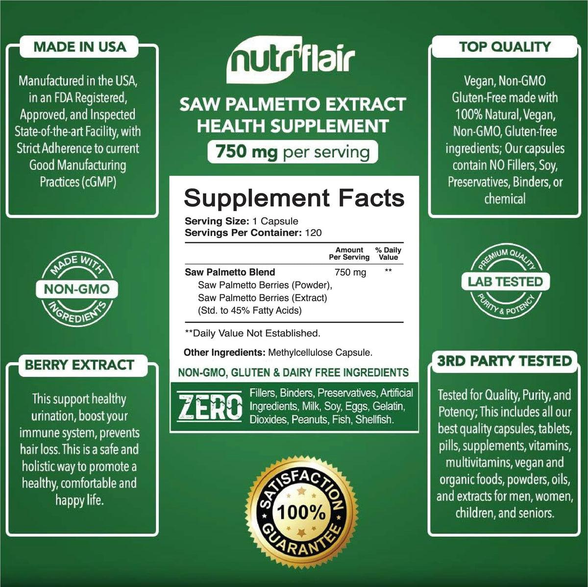 NutriFlair Saw Palmetto 750mg – لصحة البروستاتا ودعم الشعر (120 كبسولة)