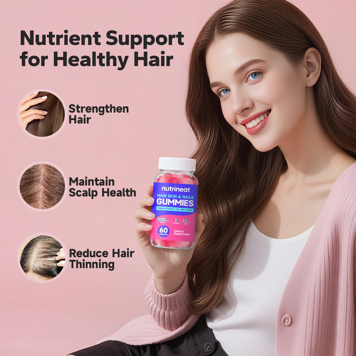 علكات NutriNeat للشعر والبشرة والأظافر بالبيوتين 5000 مكجم والزنك والفيتامينات (60 علكة) | لنمو الشعر ودعم الأظافر