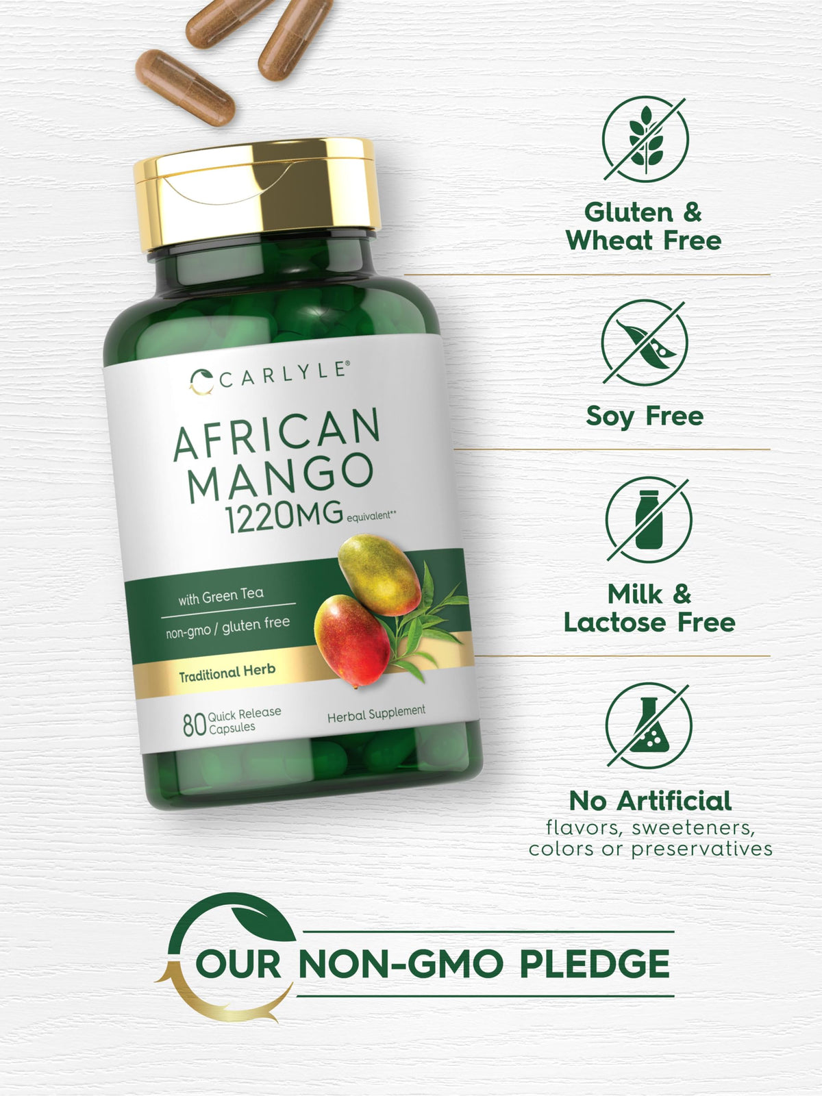 Carlyle African Mango 1220mg - 80 Caps | Green Tea Extract | Non-GMO, Gluten Free
