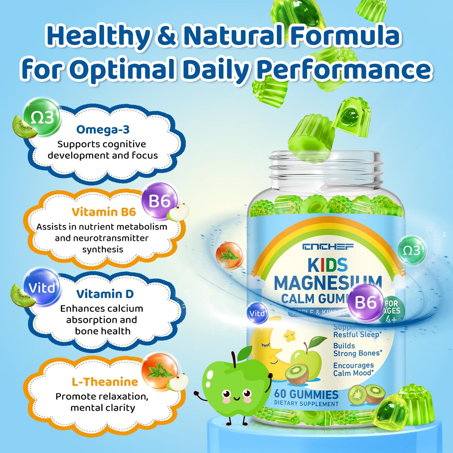 Center-Filled Magnesium Gummies for Kids 300MG - Magnesium Glycinate Gummies with L-theanine, Omega-3, Vitamin B6, D for Kids & Adults, Sleep, Calm & Muscle Relaxation - Apple & Kiwi