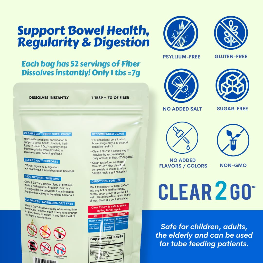 Nutritional Designs Clear 2 Go مسحوق ألياف البريبيوتيك - الإينولين، خالٍ من الغلوتين، 15.8 أوقية