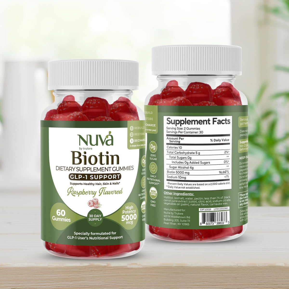 NuVa by Trulore Biotin Gummies 5000 mcg | GLP-1 Support for Hair, Skin & Nails | Vegan, Zero Sugar | Raspberry Flavor | 60 Gummies