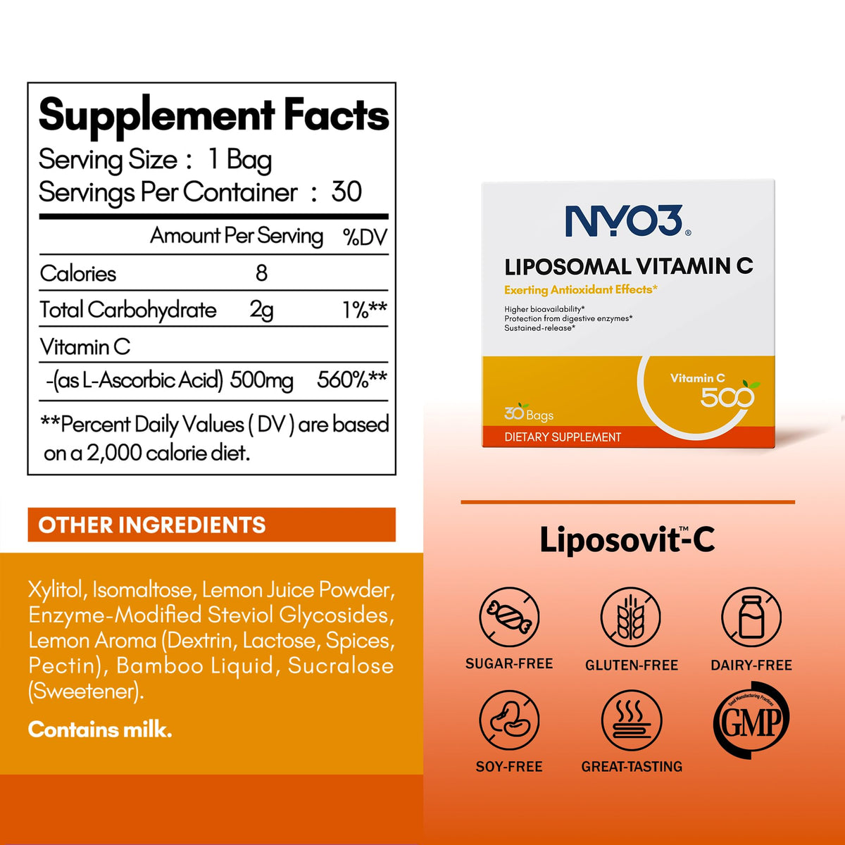 مسحوق فيتامين سي Liposomal من NYO3 – لدعم المناعة وصحة الجلد، 500 ملجم، خالٍ من الغلوتين