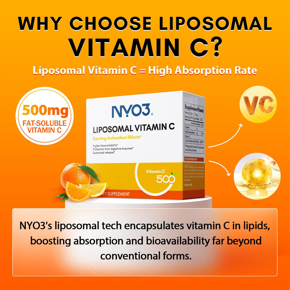 مسحوق فيتامين سي Liposomal من NYO3 – لدعم المناعة وصحة الجلد، 500 ملجم، خالٍ من الغلوتين