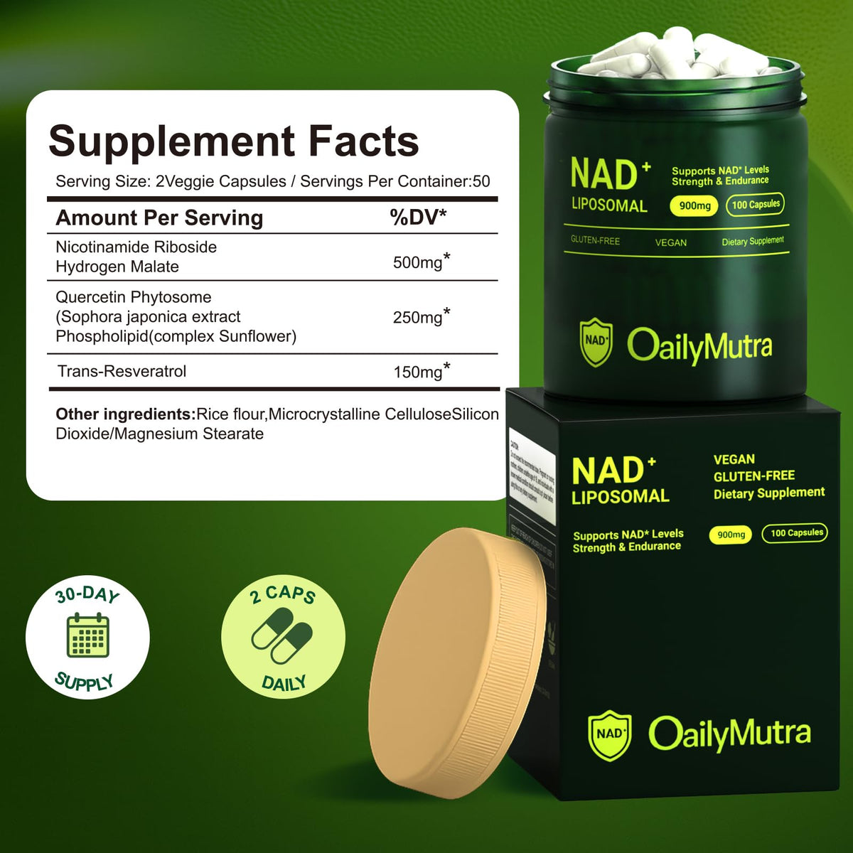 مكمل OailyMutra NAD+ - 900 ملجم NR وريسفيراترول | نباتي، خالٍ من الجلوتين