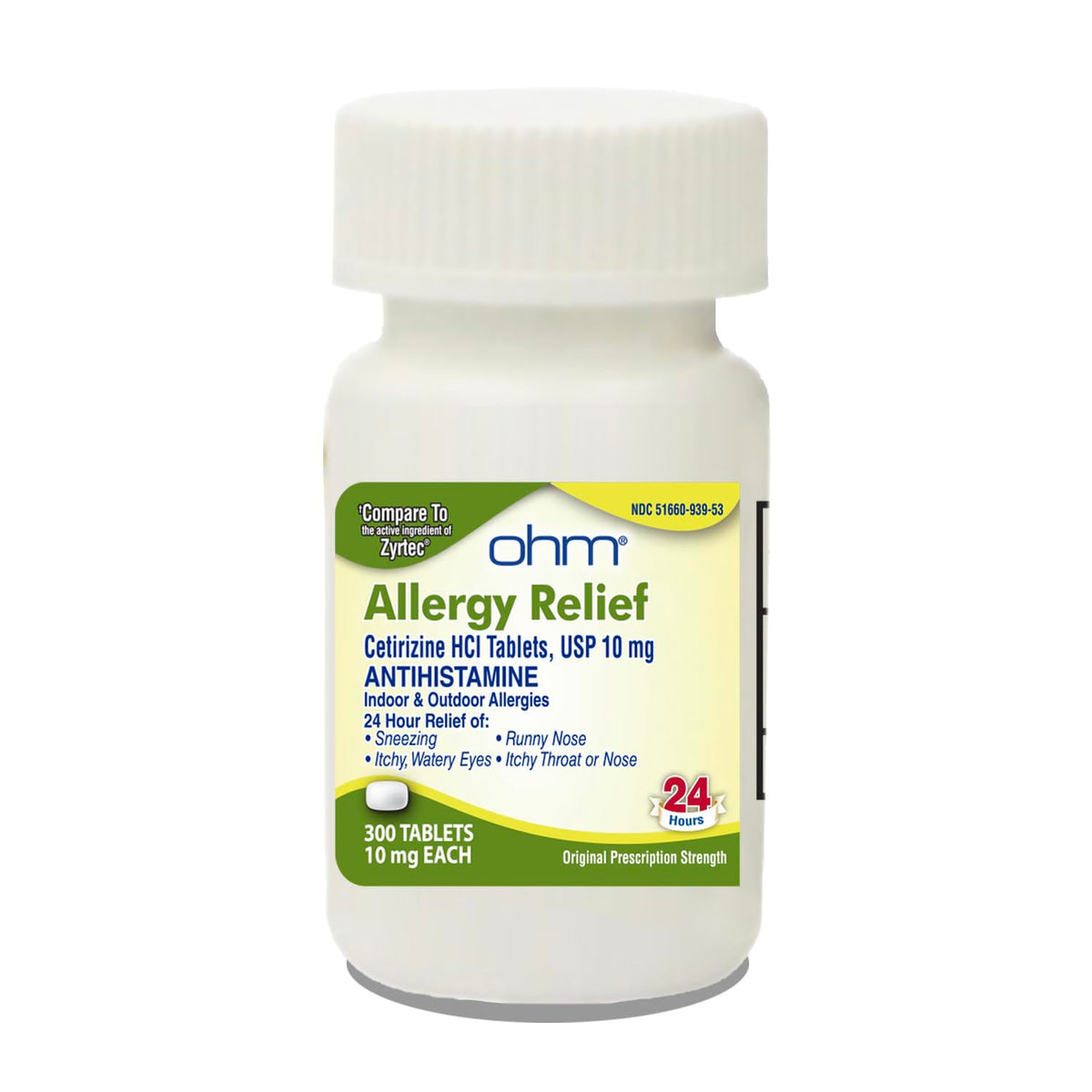 Ohm Cetirizina HCl 10 mg Compresse 24 Ore – 300 Compresse, Sollievo per Tutto il Giorno dalle Allergie