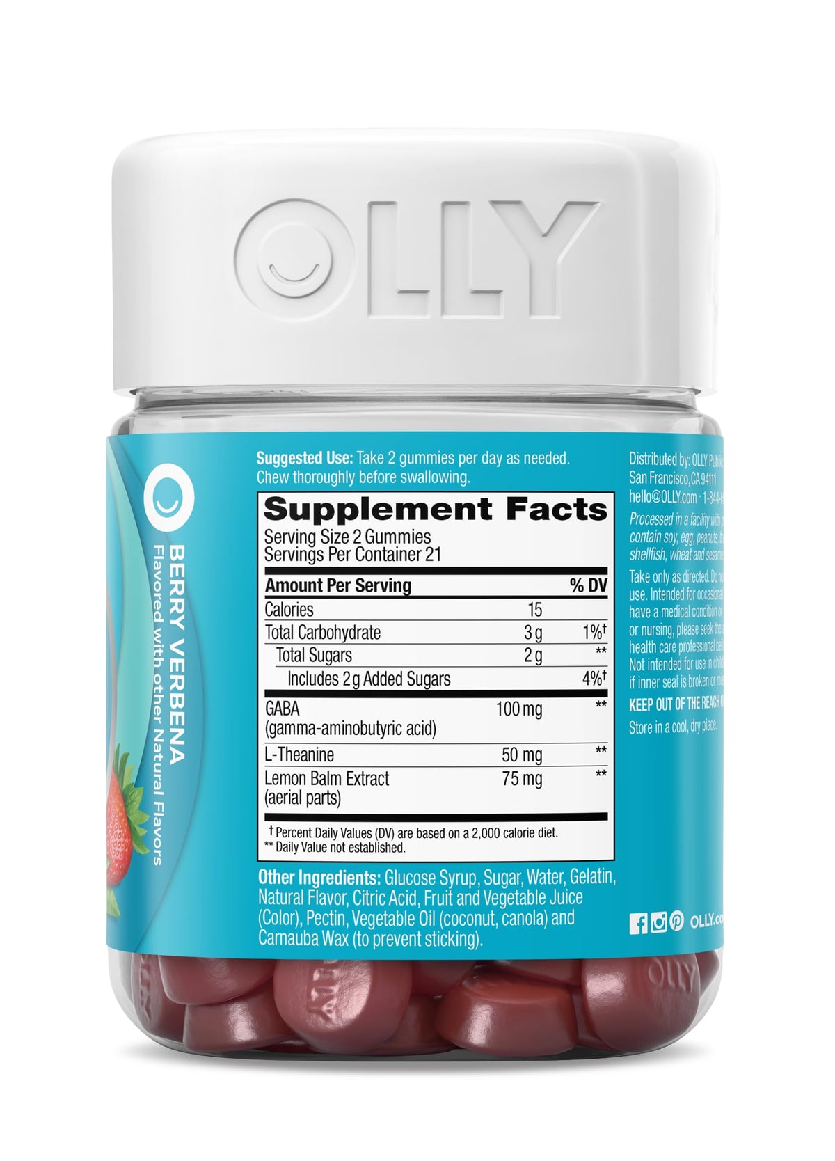 OLLY Goodbye Stress Gummy – جاما أمينوبيوتيريك، ل-ثيانين، بلسم الليمون (التوت) – 42 قطعة