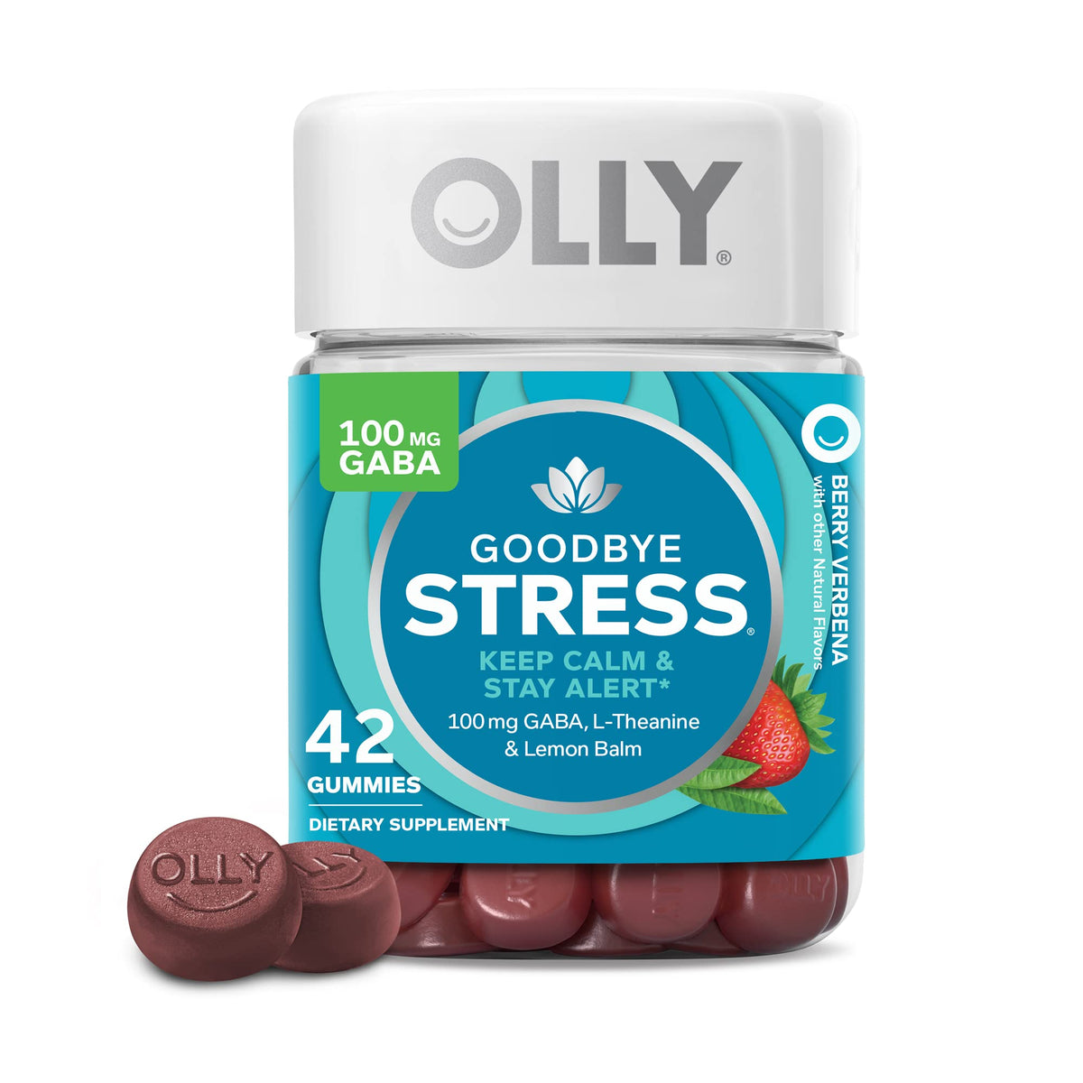 OLLY Goodbye Stress Gummy – جاما أمينوبيوتيريك، ل-ثيانين، بلسم الليمون (التوت) – 42 قطعة