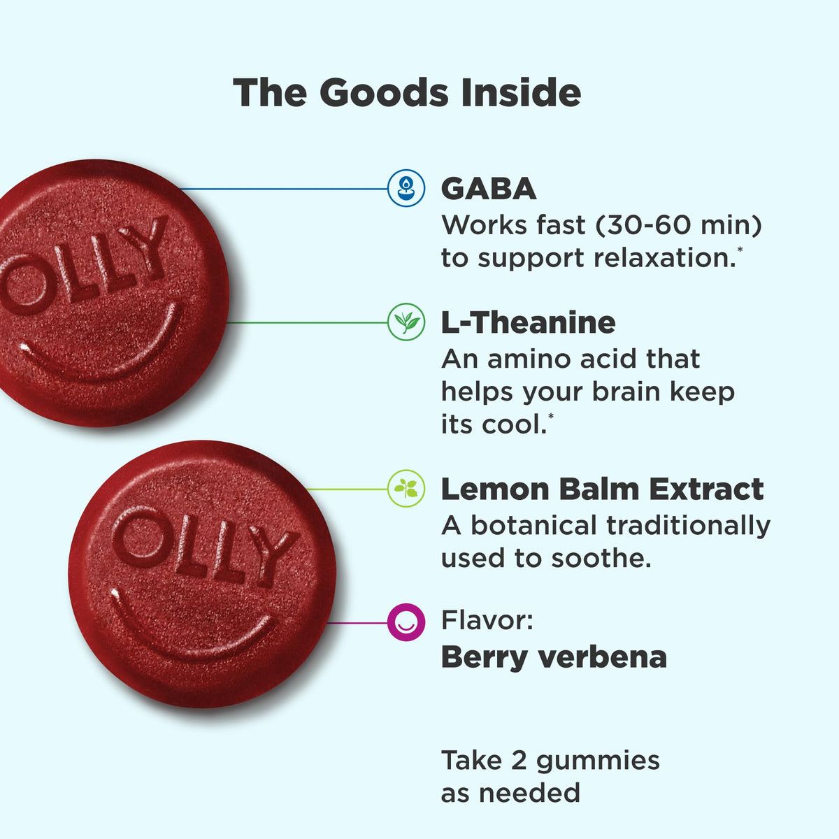 OLLY Goodbye Stress Gummy – جاما أمينوبيوتيريك، ل-ثيانين، بلسم الليمون (التوت) – 42 قطعة