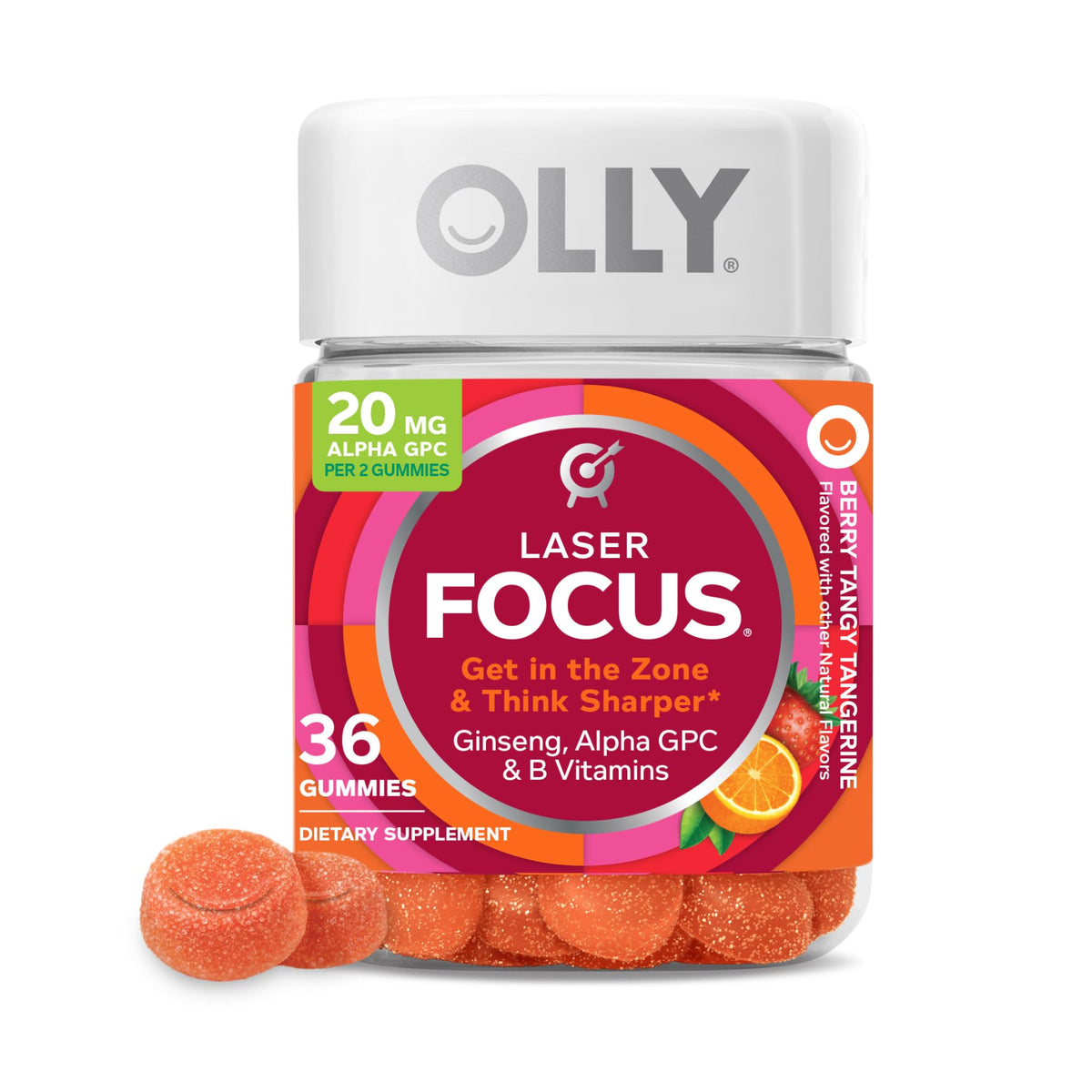 علكات OLLY Laser Focus - الجينسنغ، ألفا جي بي سي وفيتامينات ب المركبة، بطعم توت اليوسفي، 36 قطعة