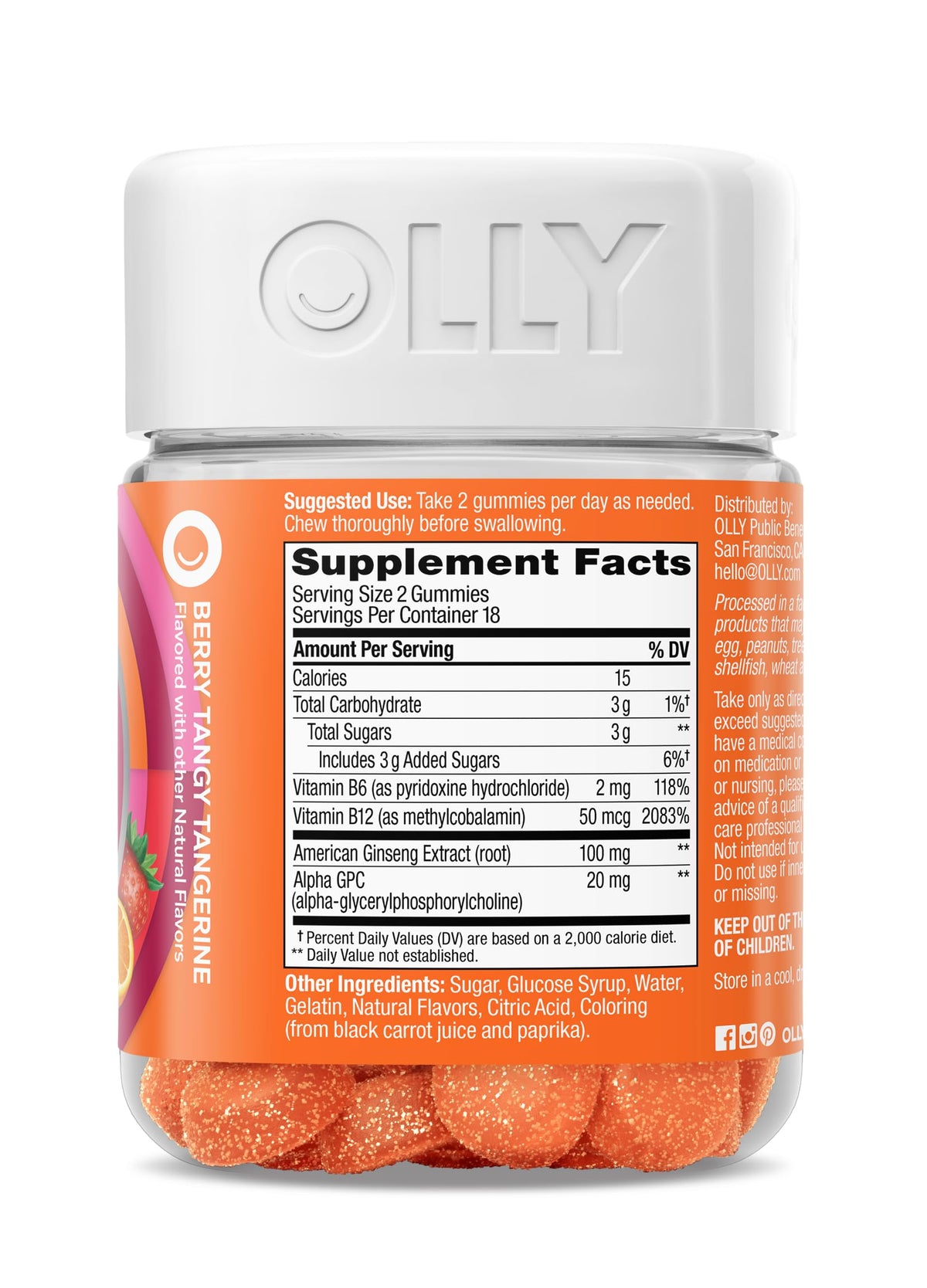 علكات OLLY Laser Focus - الجينسنغ، ألفا جي بي سي وفيتامينات ب المركبة، بطعم توت اليوسفي، 36 قطعة