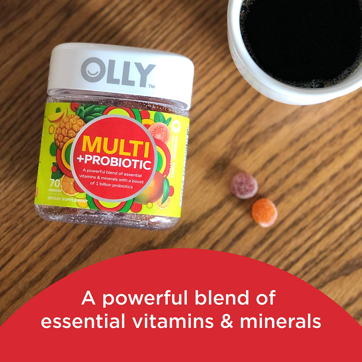 OLLY Multi + Probiotic Gummy – 1 مليار وحدة CFU، دعم المناعة والهضم، نكهة الفواكه الاستوائية، 70 قطعة