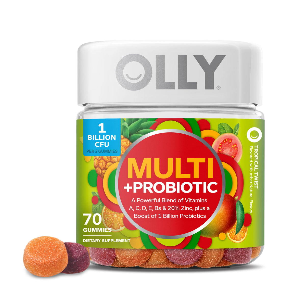 OLLY Multi + Probiotic Gummy – 1 مليار وحدة CFU، دعم المناعة والهضم، نكهة الفواكه الاستوائية، 70 قطعة