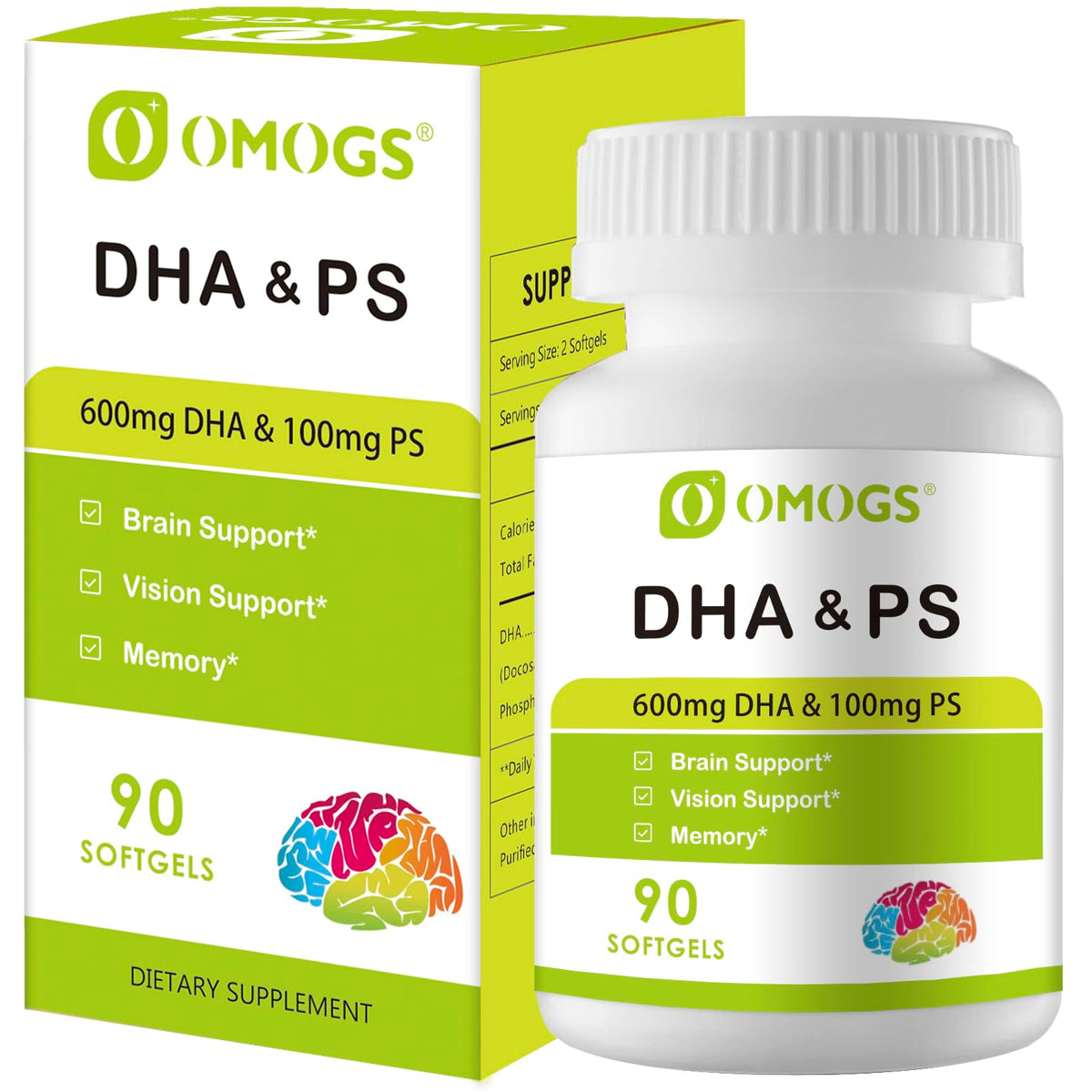 كبسولات الطحالب DHA 600 ملغ مع الفوسفاتيديل سيرين وزيت عين الجمل من OMOGS