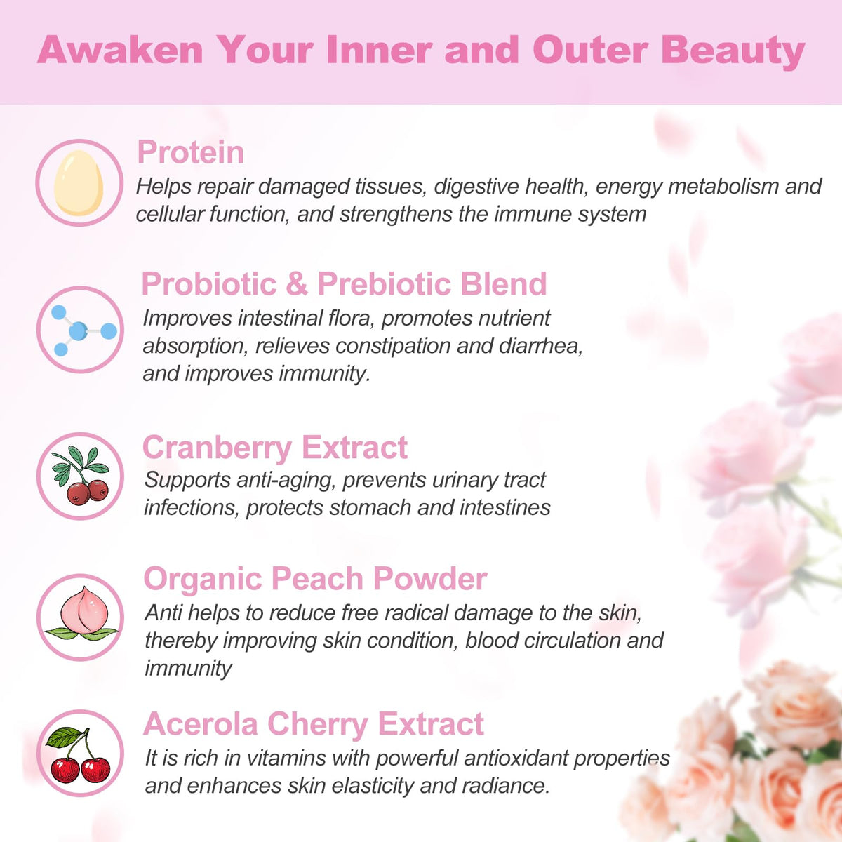 OMOGS Hydrolyzed Collagen Peptide Powder with Prebiotics, Vitamin C & Cranberry Extract β Supports Hair, Skin, Nails, Bones, Digestive & Urinary Health | Non-GMO