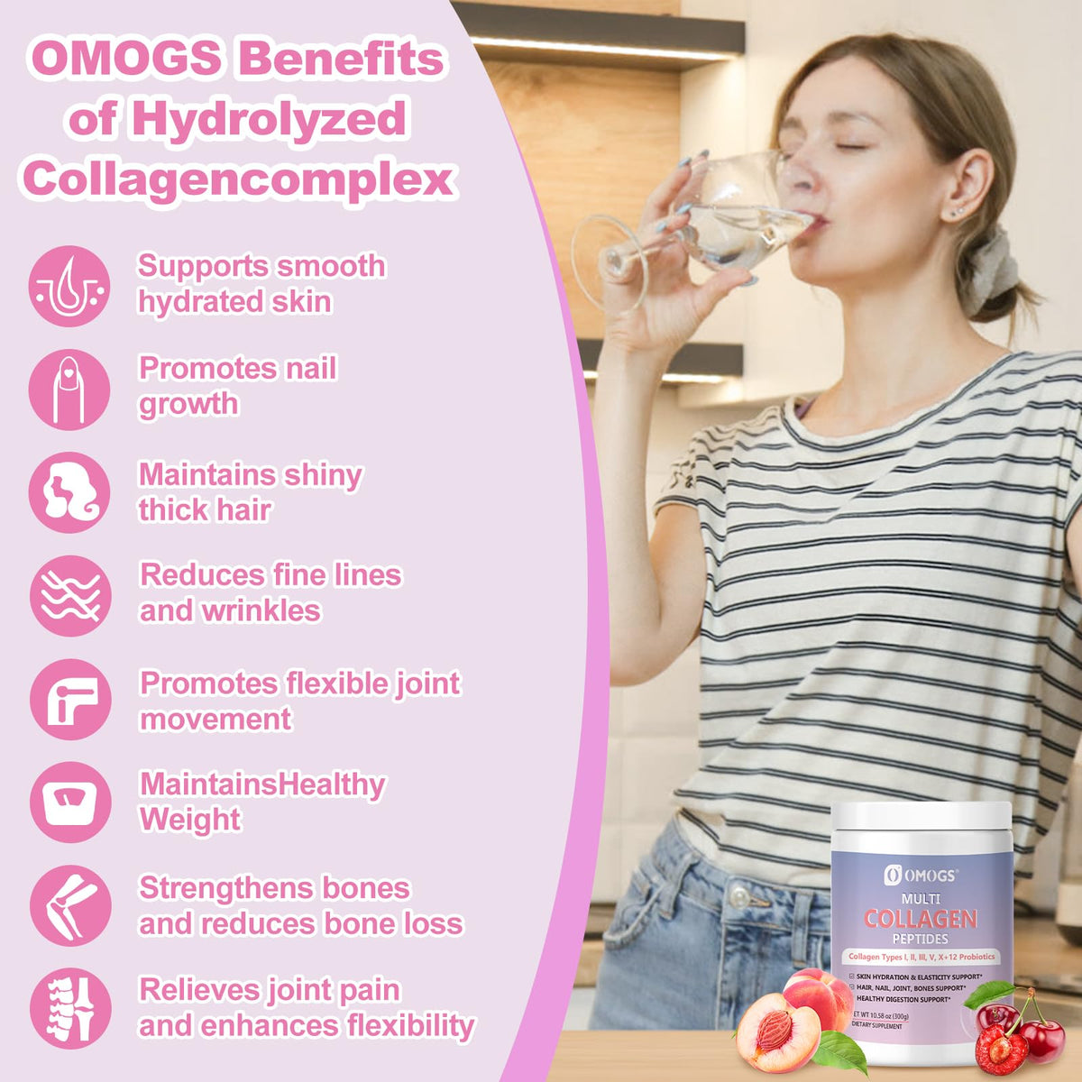 OMOGS Hydrolyzed Collagen Peptide Powder with Prebiotics, Vitamin C & Cranberry Extract β Supports Hair, Skin, Nails, Bones, Digestive & Urinary Health | Non-GMO