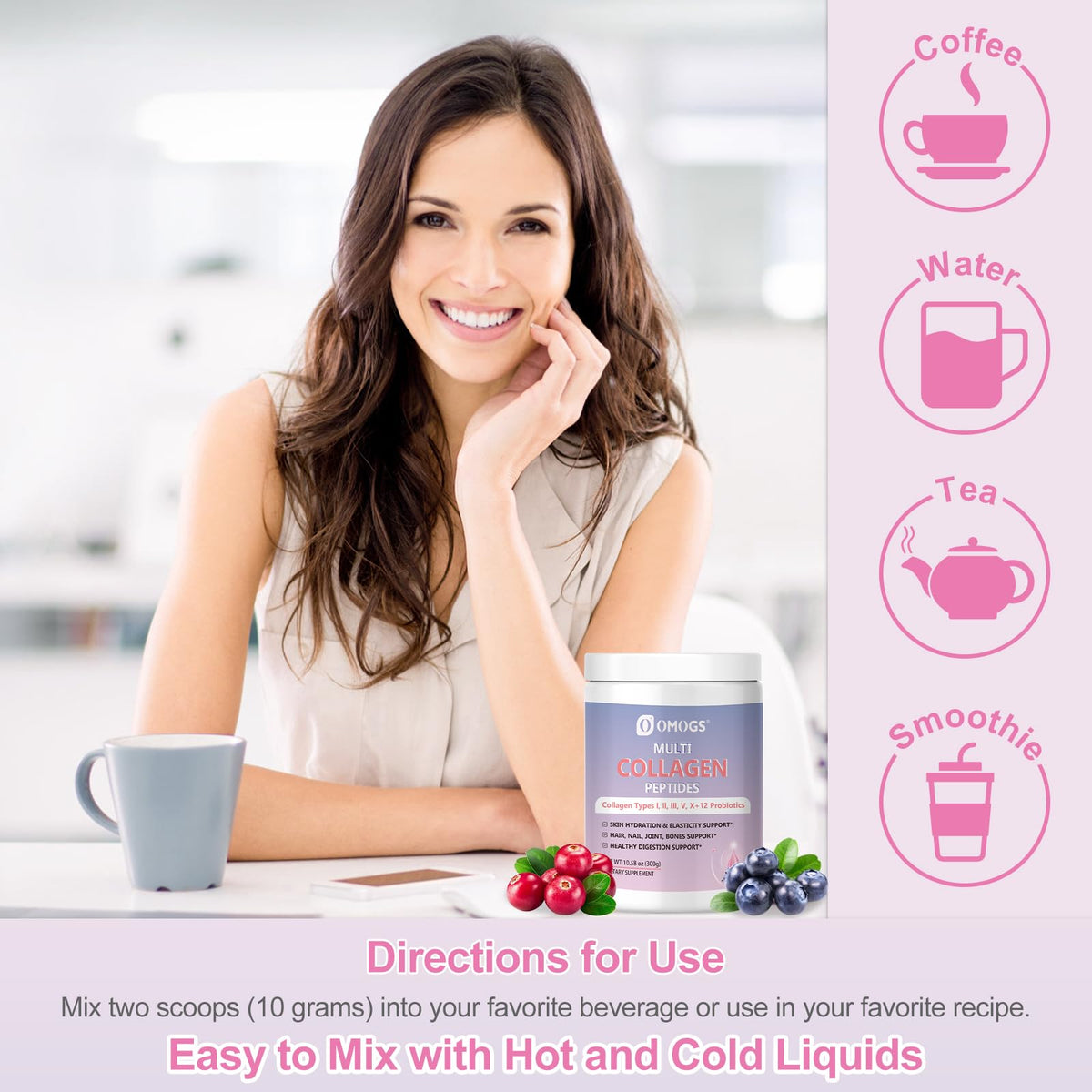 OMOGS Hydrolyzed Collagen Peptide Powder with Prebiotics, Vitamin C & Cranberry Extract β Supports Hair, Skin, Nails, Bones, Digestive & Urinary Health | Non-GMO