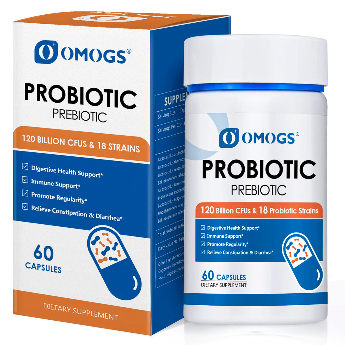 OMOGS بروبيوتيك 120 مليار وحدة تشكيل مستعمرة - 18 سلالة، 3 بريبيوتيك وإنزيمات هضمية، 60 كبسولة