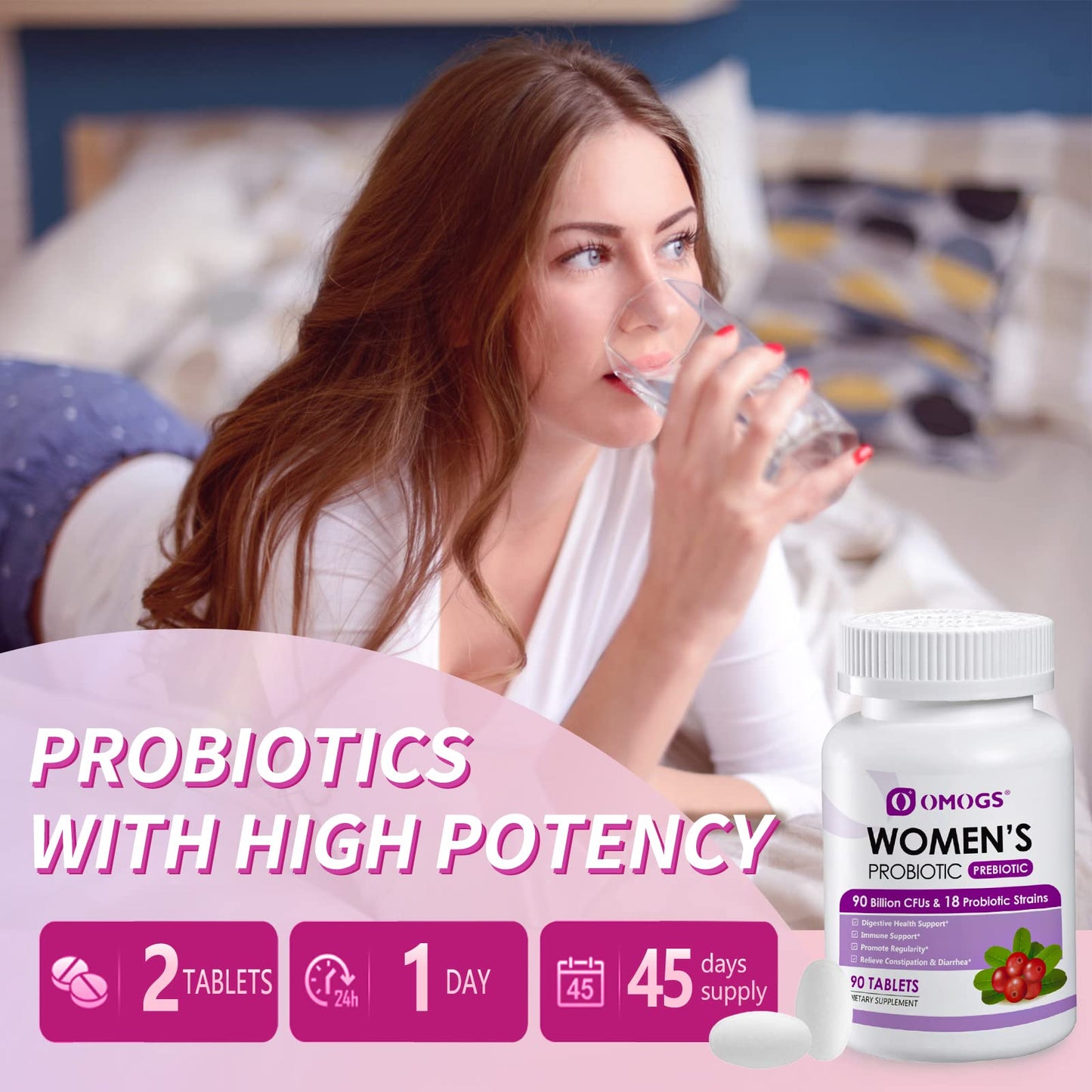 OMOGS Women's Probiotic – Cranberry, Prebiotics & Vitamin C | 90B CFUs, 18 Strains, 90 Tablets