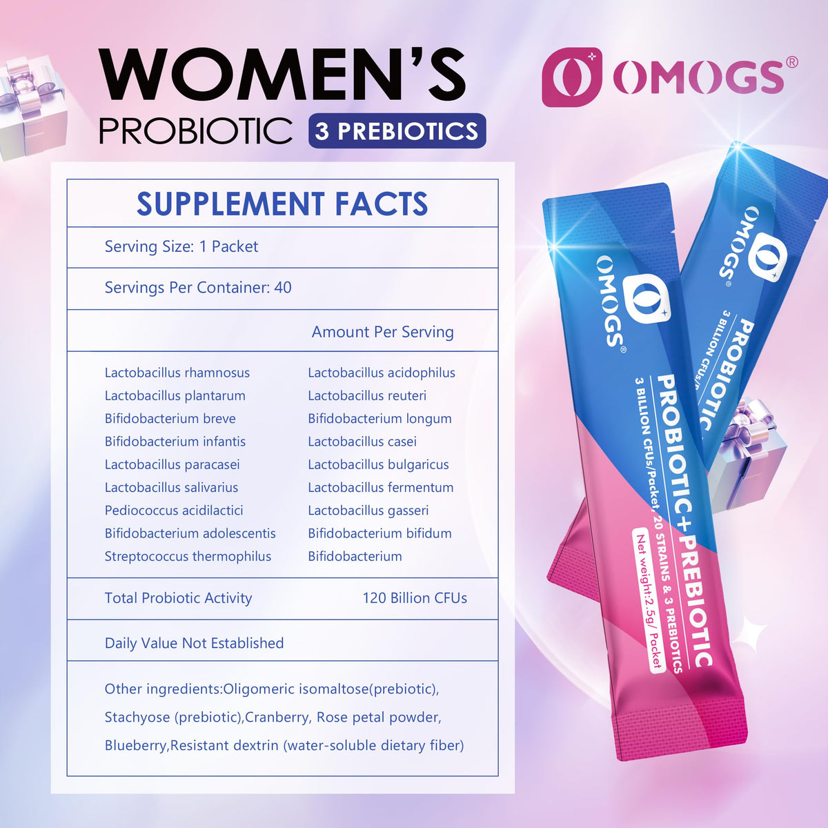 بروبيوتيك OMOGS للنساء - 120 مليار وحدة تشكيل مستعمرة، 18 سلالة، 3 بريبيوتيك ومستخلص التوت البري لدعم المناعة والجهاز الهضمي وصحة الأمعاء والمهبل